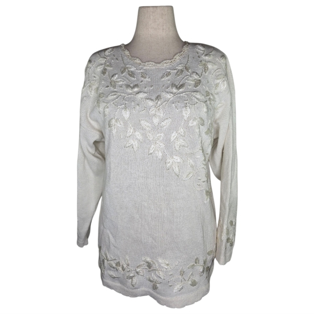Cymbrion Ivory Floral Embroidered Knit Sweater Long Sleeve Vintage Size L